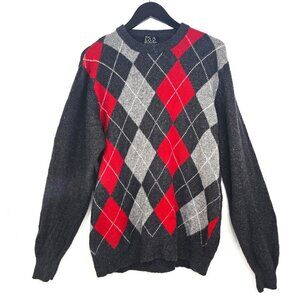 Jos A. Bank Gray Red Argyle Preppy Crew Neck Lambswool Sweater Jumper